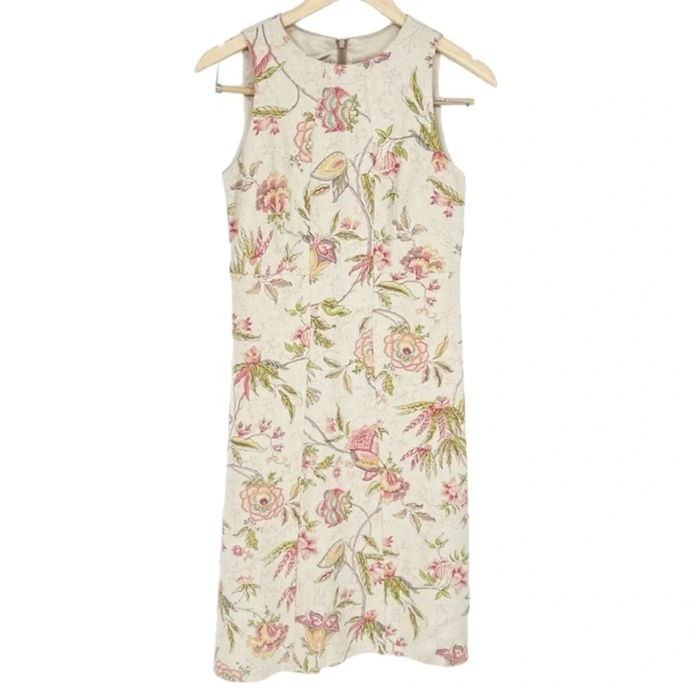 Lalage Beaumont Linen‎ Botanical Floral Print Shift Dress Professional